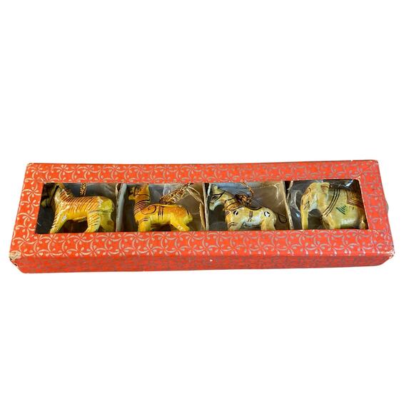 Vintage 70s Wooden Animal Christmas Ornaments Set of 4 w/Original Box - Picture 1 of 5